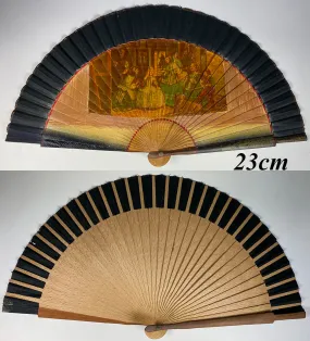 Antique Spanish Hand Fan, Excellent Condition Wood, Linen, Transfer Print of Valásquez Art - Las Meninas