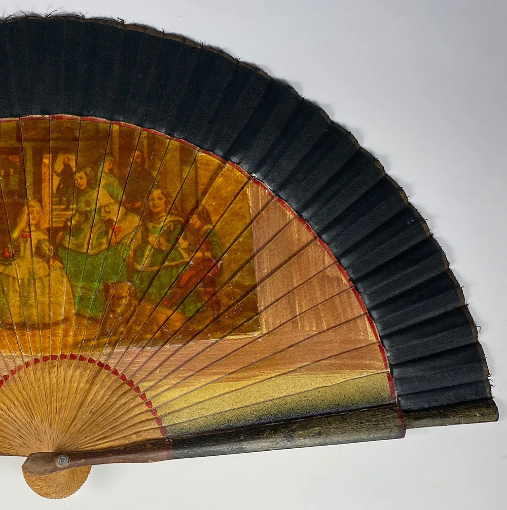 Antique Spanish Hand Fan, Excellent Condition Wood, Linen, Transfer Print of Valásquez Art - Las Meninas