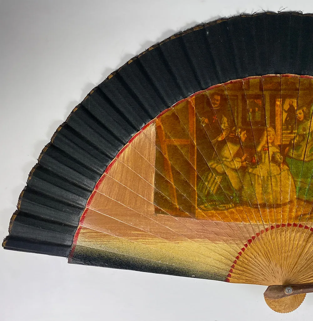 Antique Spanish Hand Fan, Excellent Condition Wood, Linen, Transfer Print of Valásquez Art - Las Meninas