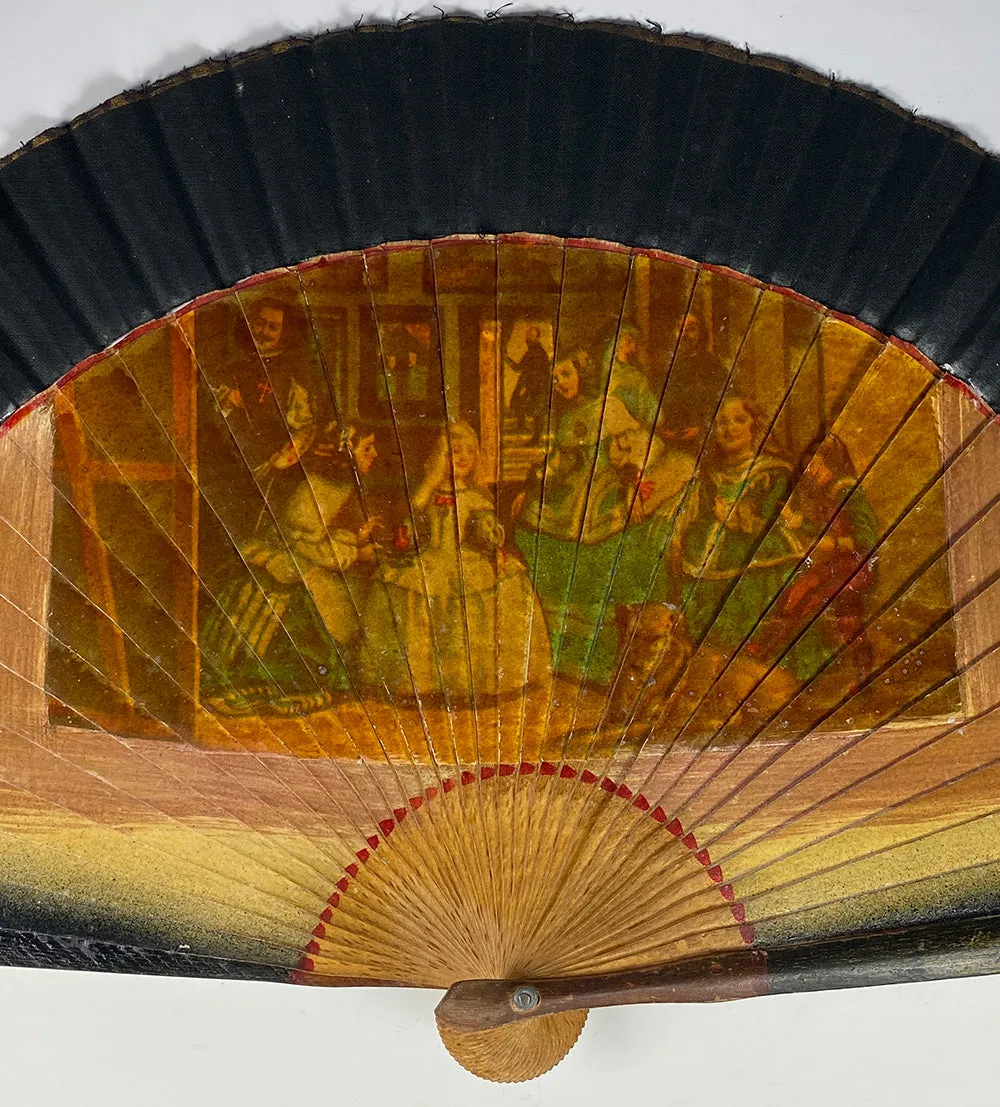 Antique Spanish Hand Fan, Excellent Condition Wood, Linen, Transfer Print of Valásquez Art - Las Meninas