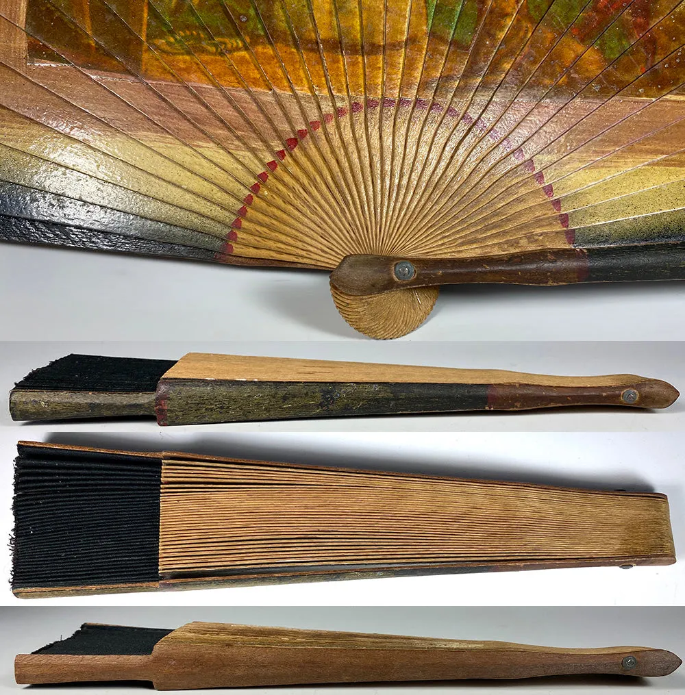 Antique Spanish Hand Fan, Excellent Condition Wood, Linen, Transfer Print of Valásquez Art - Las Meninas