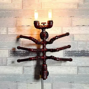 Antique Style Spider Wall Sconce with 2 Bulbs and Rustic Plumbing Pipe Design