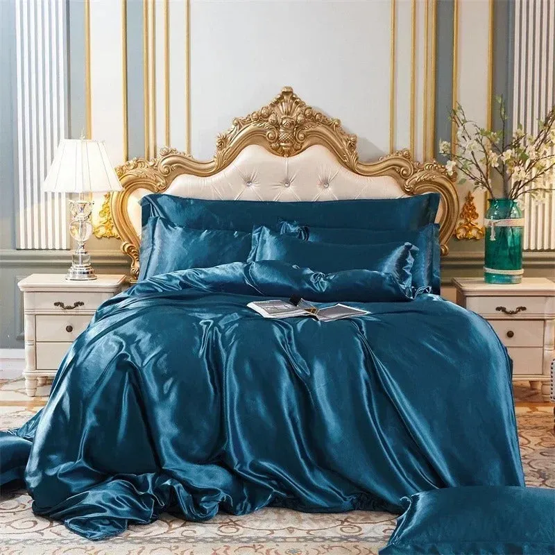 Anyhouz Beddings Blue EU Double Size 3 Pcs High End Satin Smooth Duvet Cover Set Luxury Polyester Silky Soft Cozy Bedding Set