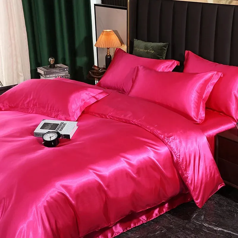 Anyhouz Beddings Hot Pink US King Size 3 Pcs High End Satin Smooth Duvet Cover Set Luxury Polyester Silky Soft Cozy Bedding Set