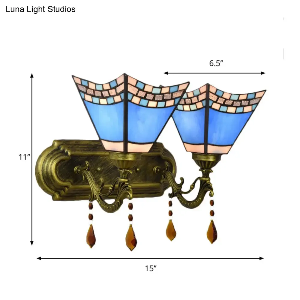 Artisan Blue Sconce Light: Agate 2-Bulb Mediterranean Stained Glass Wall Fixture for Foyer