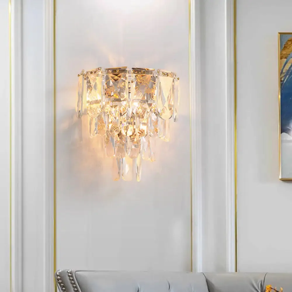 Artistic Crystal Tiered Wall Lamp - Elegant Brass 3-Head Wall Light Fixture for Living Room