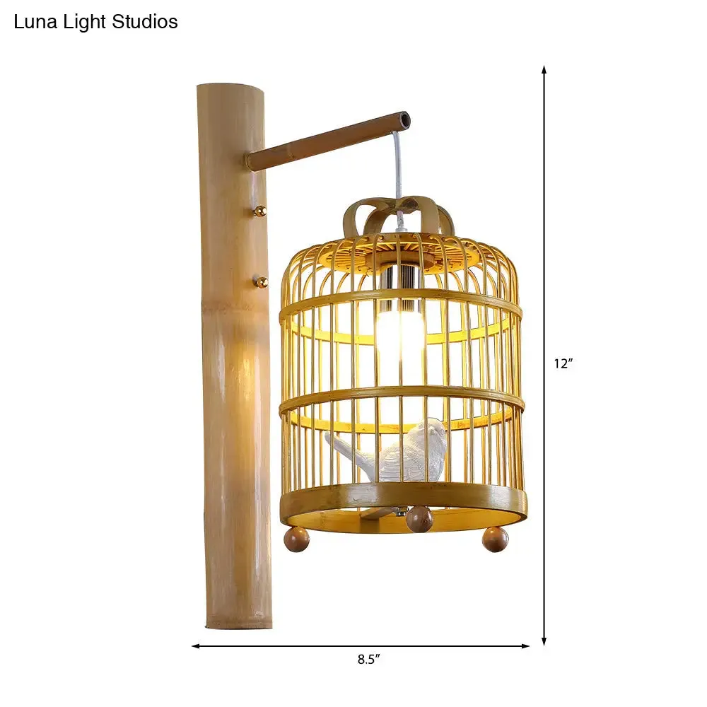 Bamboo Wall Mount Sconce Lamp with Asian Flair - Wood Cage Design, 1 Bulb, White Bird Deco