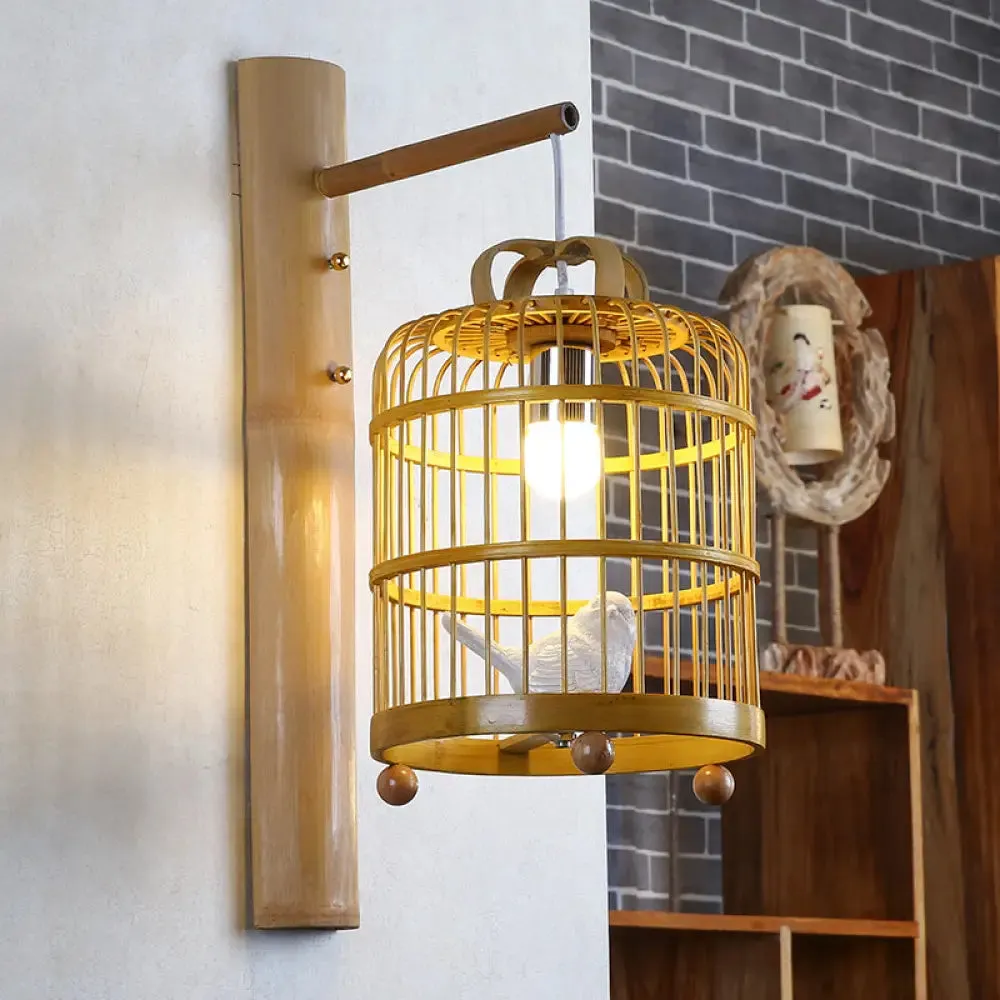 Bamboo Wall Mount Sconce Lamp with Asian Flair - Wood Cage Design, 1 Bulb, White Bird Deco