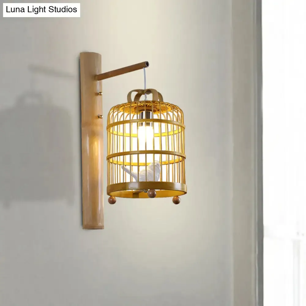 Bamboo Wall Mount Sconce Lamp with Asian Flair - Wood Cage Design, 1 Bulb, White Bird Deco