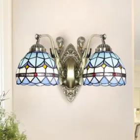 Baroque Mermaid Metal Wall Light with Art Glass Shade - White/Blue Sconce - 2-Head Design