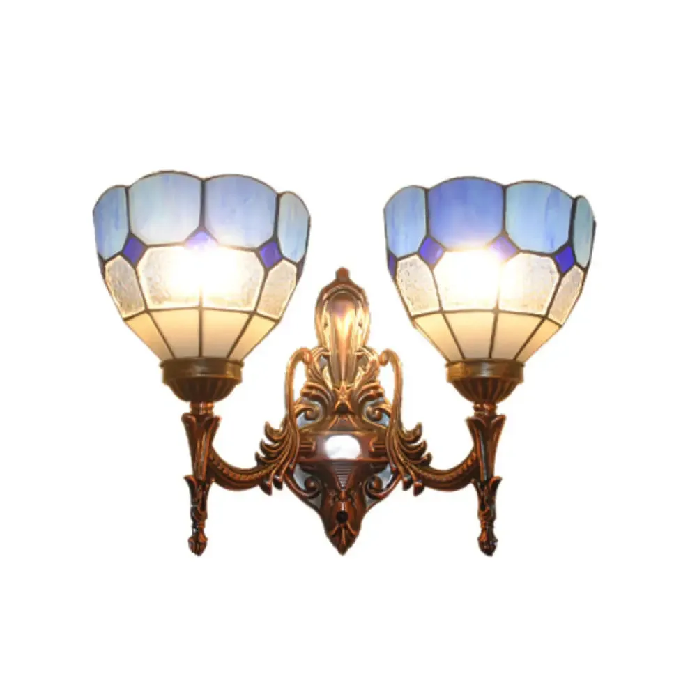 Baroque Stained Glass Wall Sconce with 2 Blue/Gold/Tan Lights - Perfect for Your Bedroom