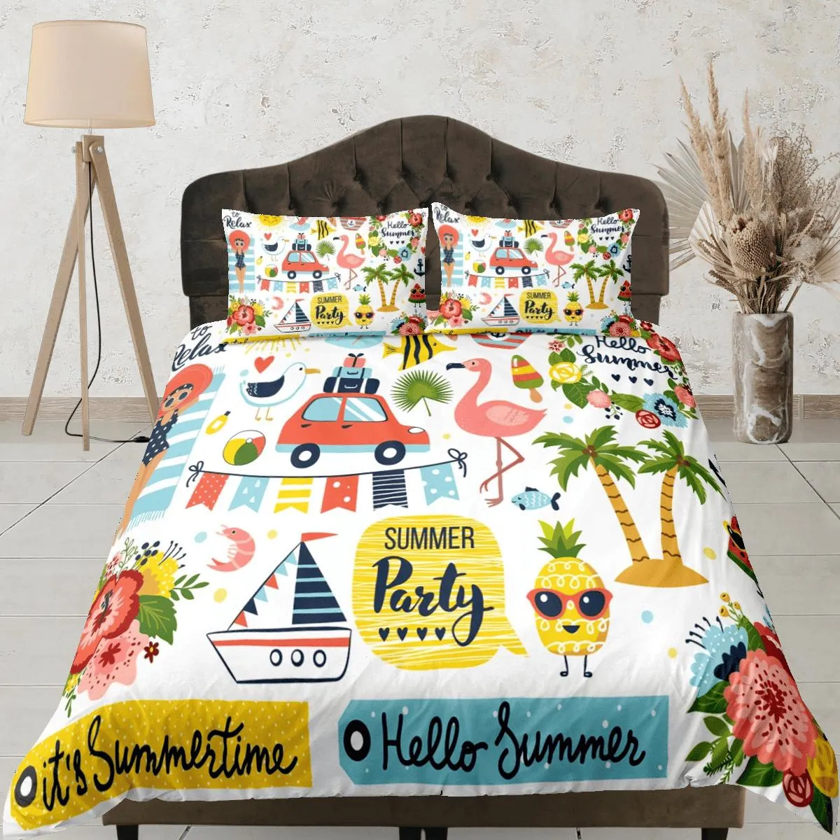 Beach party colorful coastal grandma duvet cover nautical bedding set full queen king, aesthetic beach room decor, ocean lover gift seaman