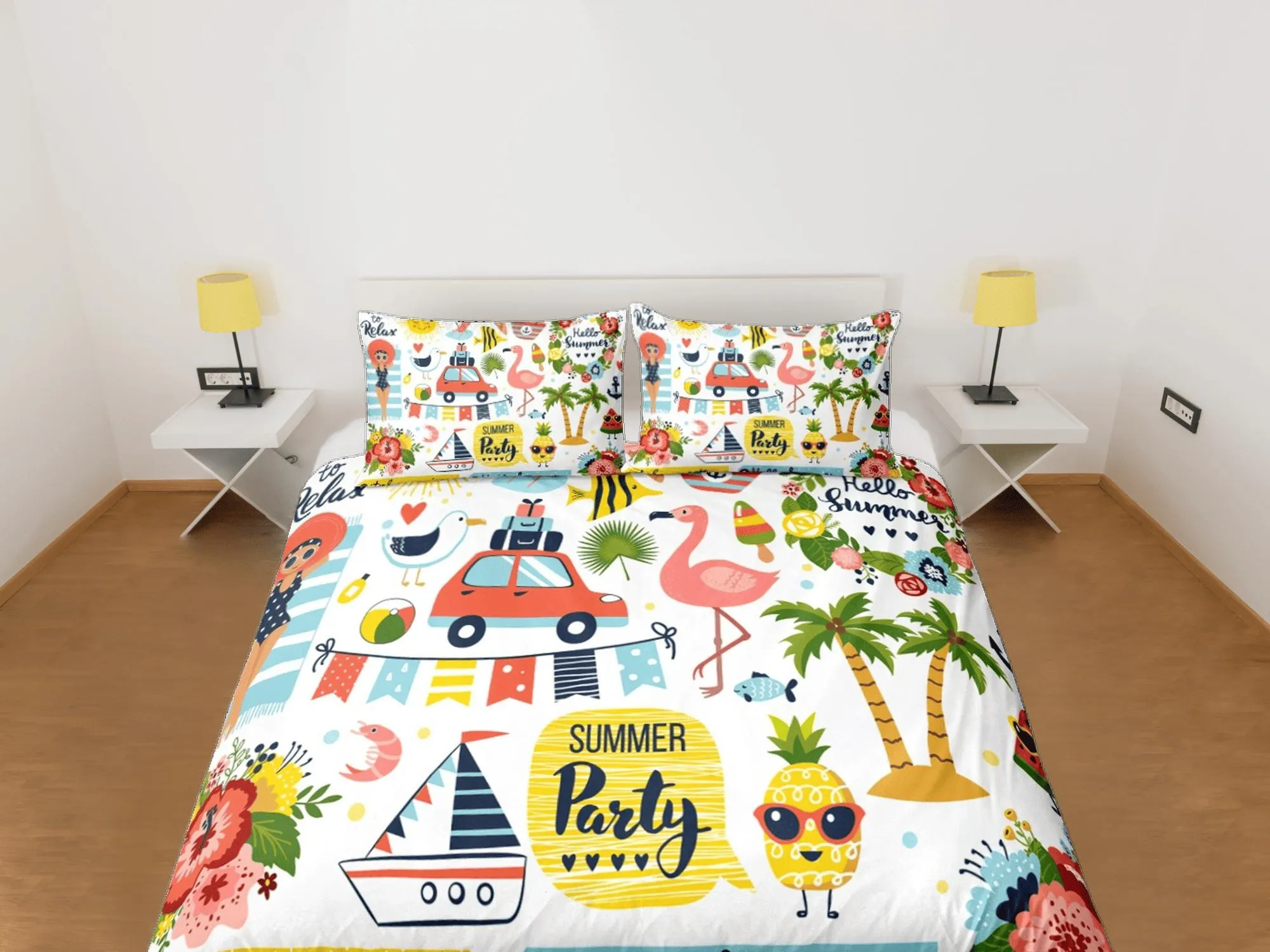 Beach party colorful coastal grandma duvet cover nautical bedding set full queen king, aesthetic beach room decor, ocean lover gift seaman