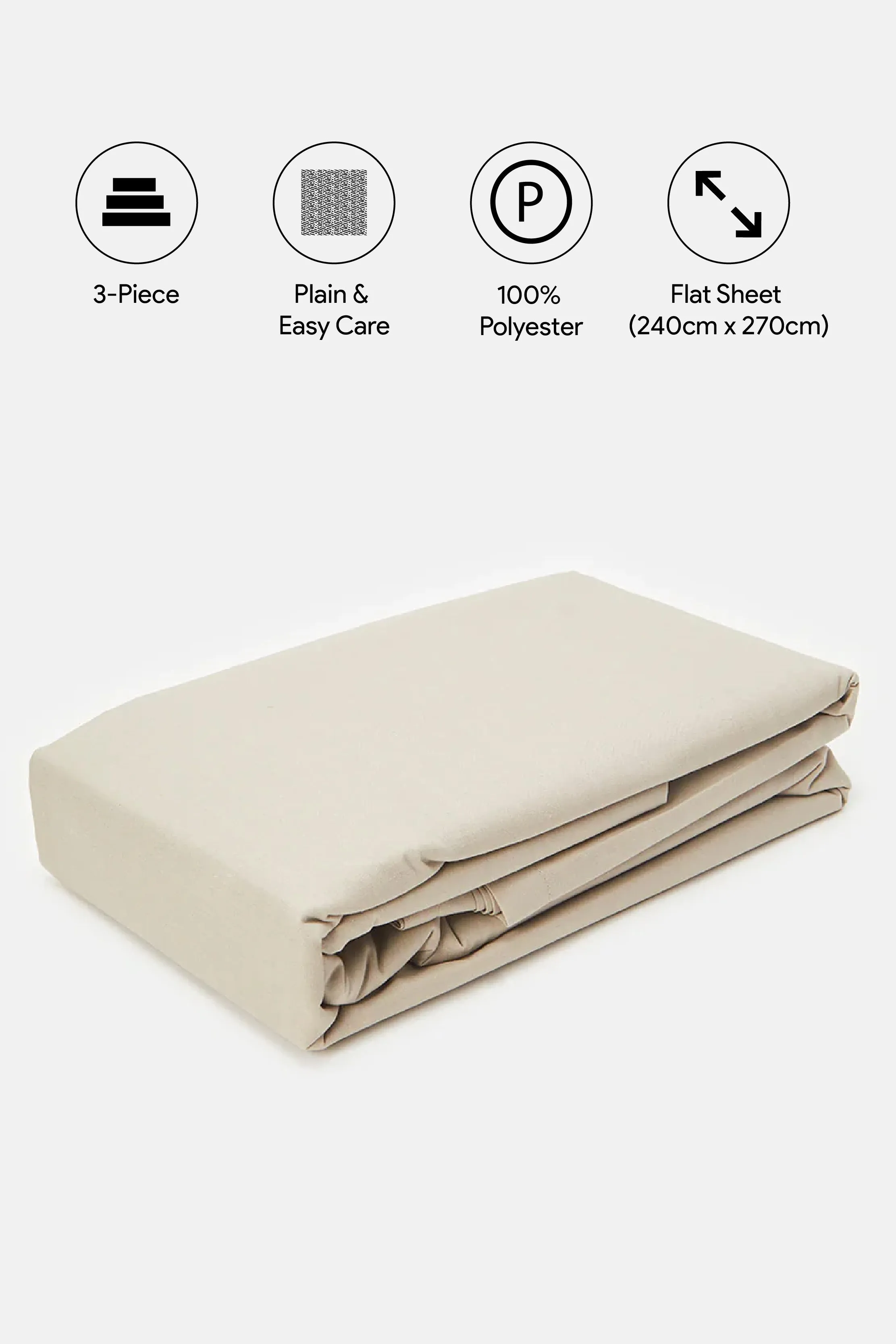 Beige 3-Piece Solid Flat Sheet (Double Size)