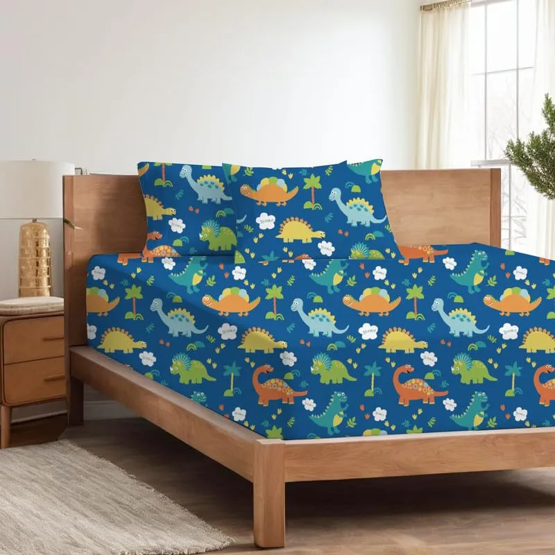 Bhoomi Impex 100% Microfiber Bedsheet for King Bed with 2 Pillow Covers Breathable | Fun and Durable King Bed Sheet - Blue Dinosaur