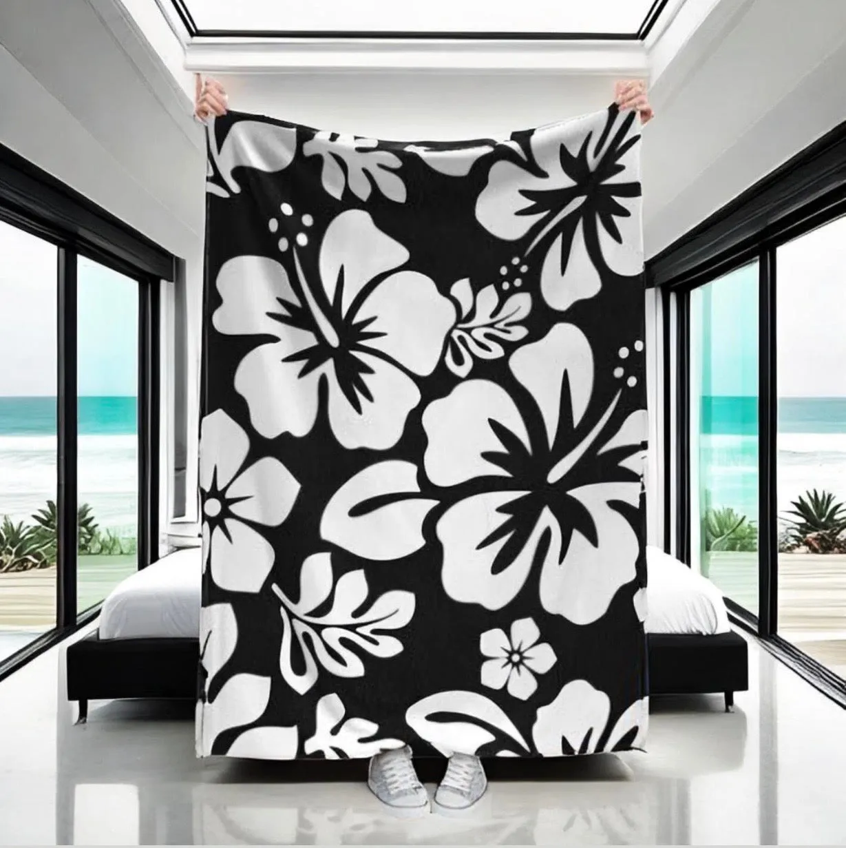 Black and White Hawaiian Flowers Minky Throw Blanket