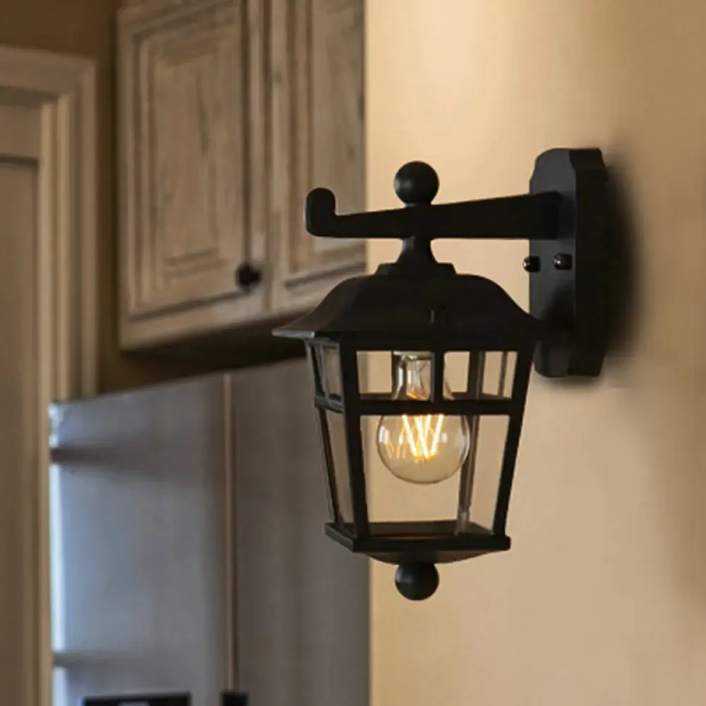 Black Industrial Lantern Wall Sconce - Clear Glass Hanging Light with Single Bulb for Porch