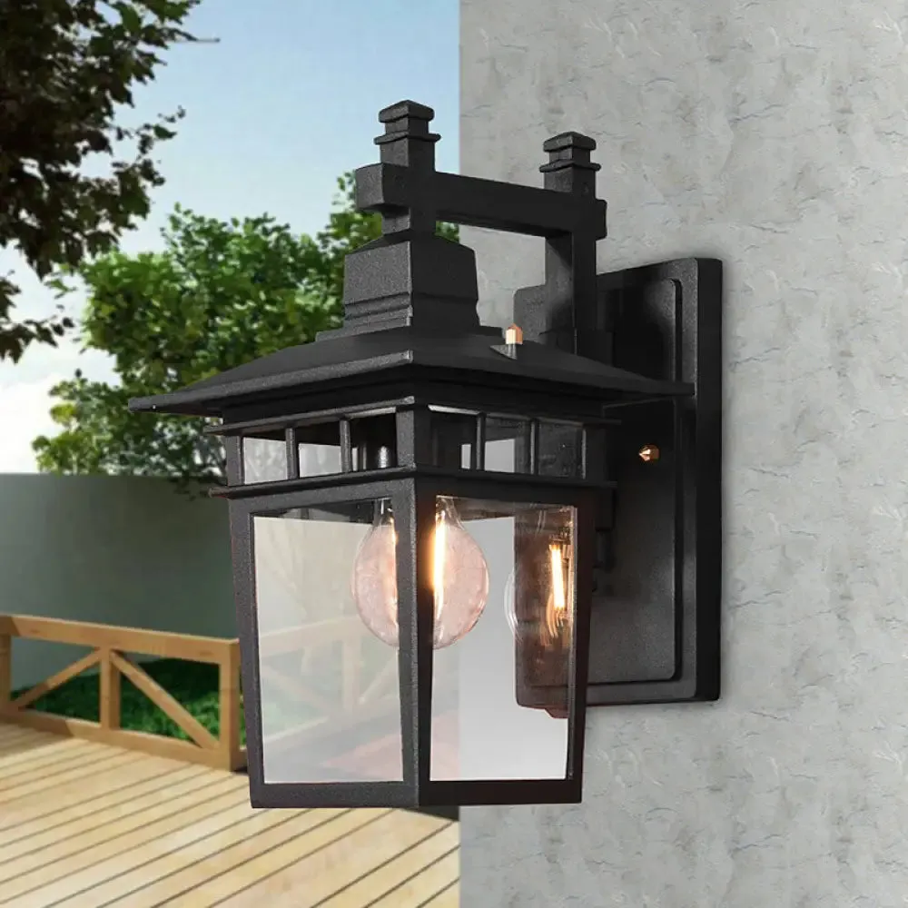 Black Industrial Lantern Wall Sconce - Clear Glass Hanging Light with Single Bulb for Porch