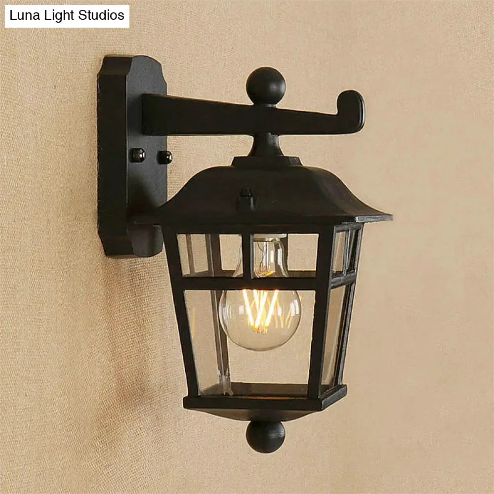 Black Industrial Lantern Wall Sconce - Clear Glass Hanging Light with Single Bulb for Porch