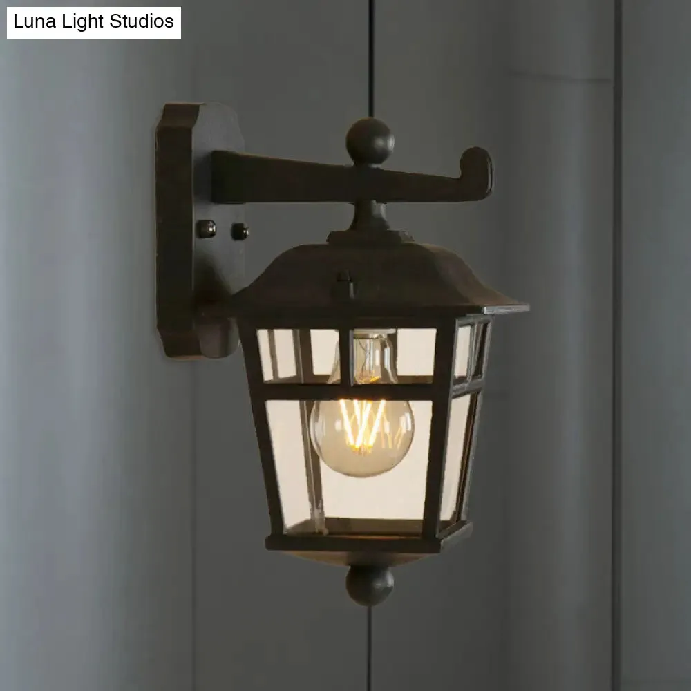 Black Industrial Lantern Wall Sconce - Clear Glass Hanging Light with Single Bulb for Porch