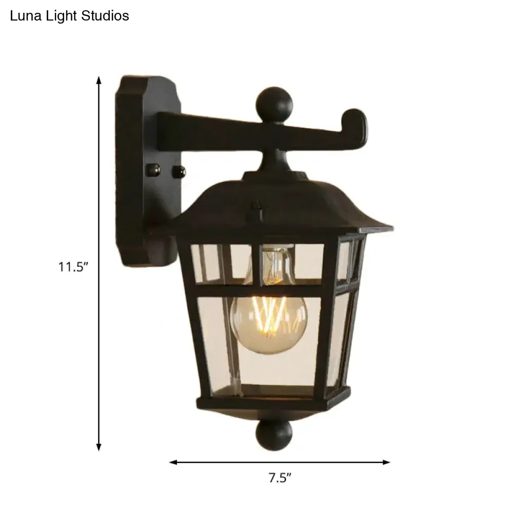 Black Industrial Lantern Wall Sconce - Clear Glass Hanging Light with Single Bulb for Porch