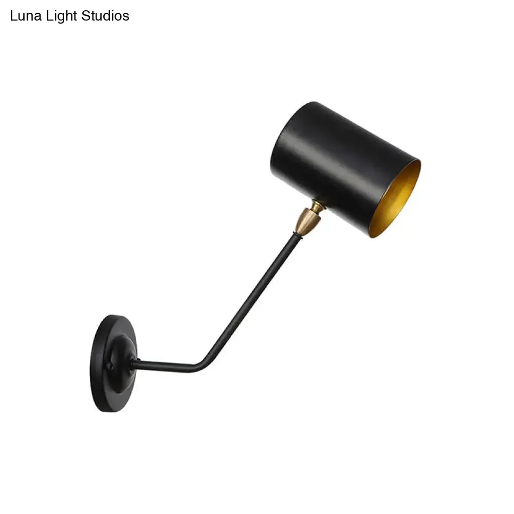 Black Industrial Wall Sconce - Metal Cylindrical Bedroom Lamp with Angled Arm