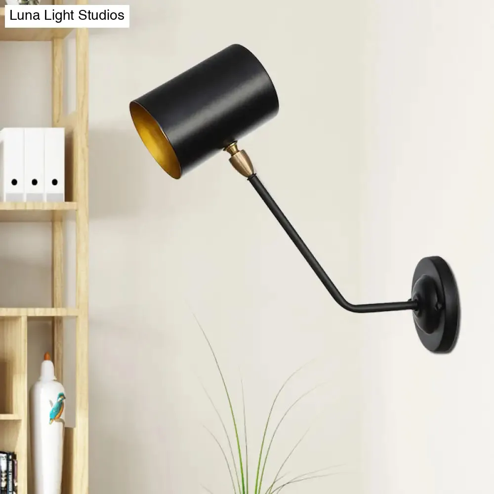 Black Industrial Wall Sconce - Metal Cylindrical Bedroom Lamp with Angled Arm