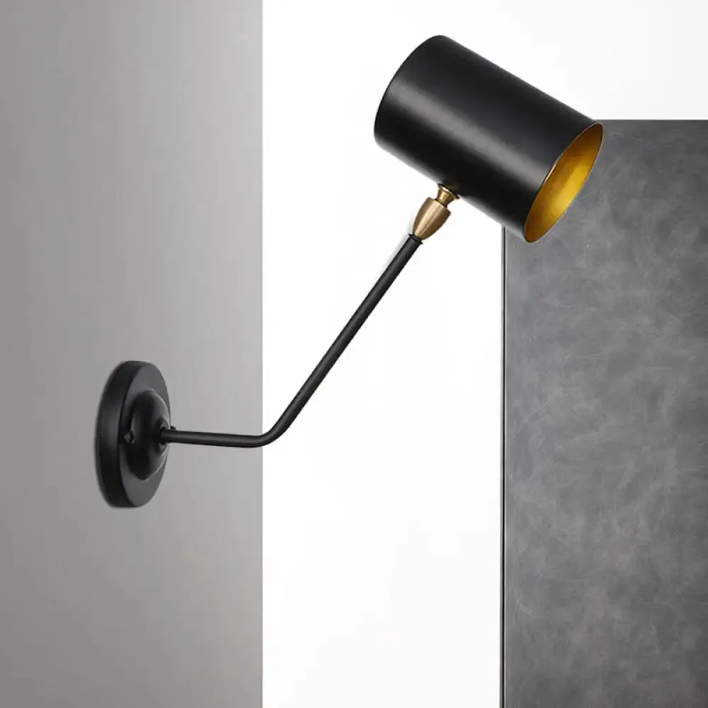 Black Industrial Wall Sconce - Metal Cylindrical Bedroom Lamp with Angled Arm