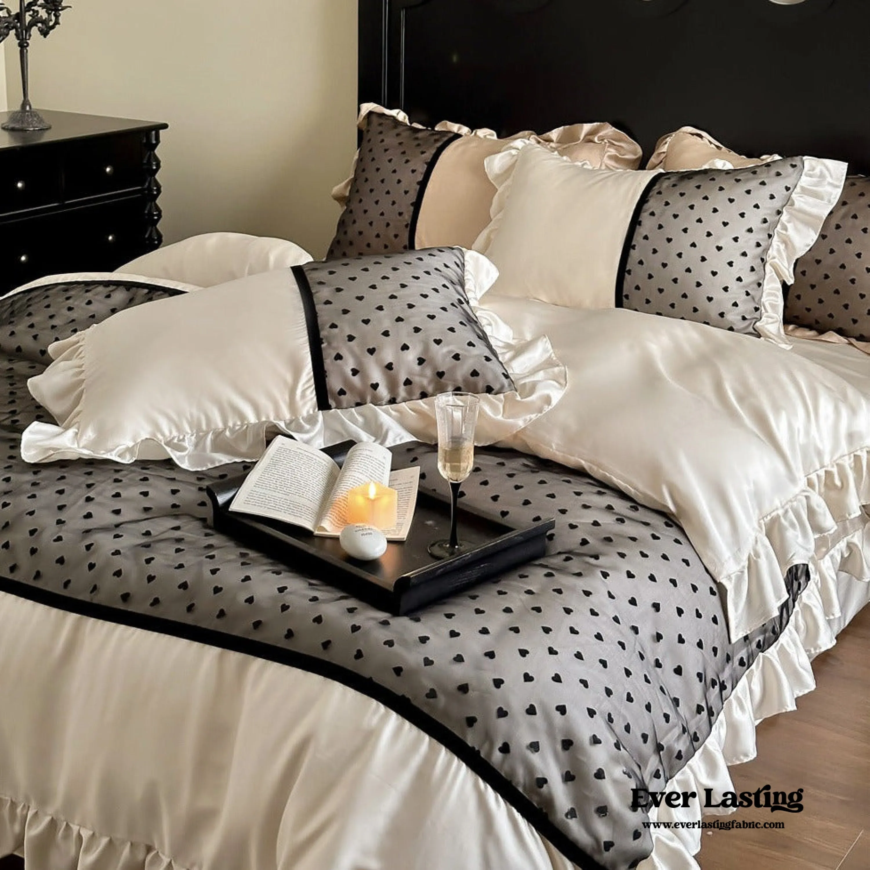 Black Lace Sweet Heart Ruffle Bedding Bundle