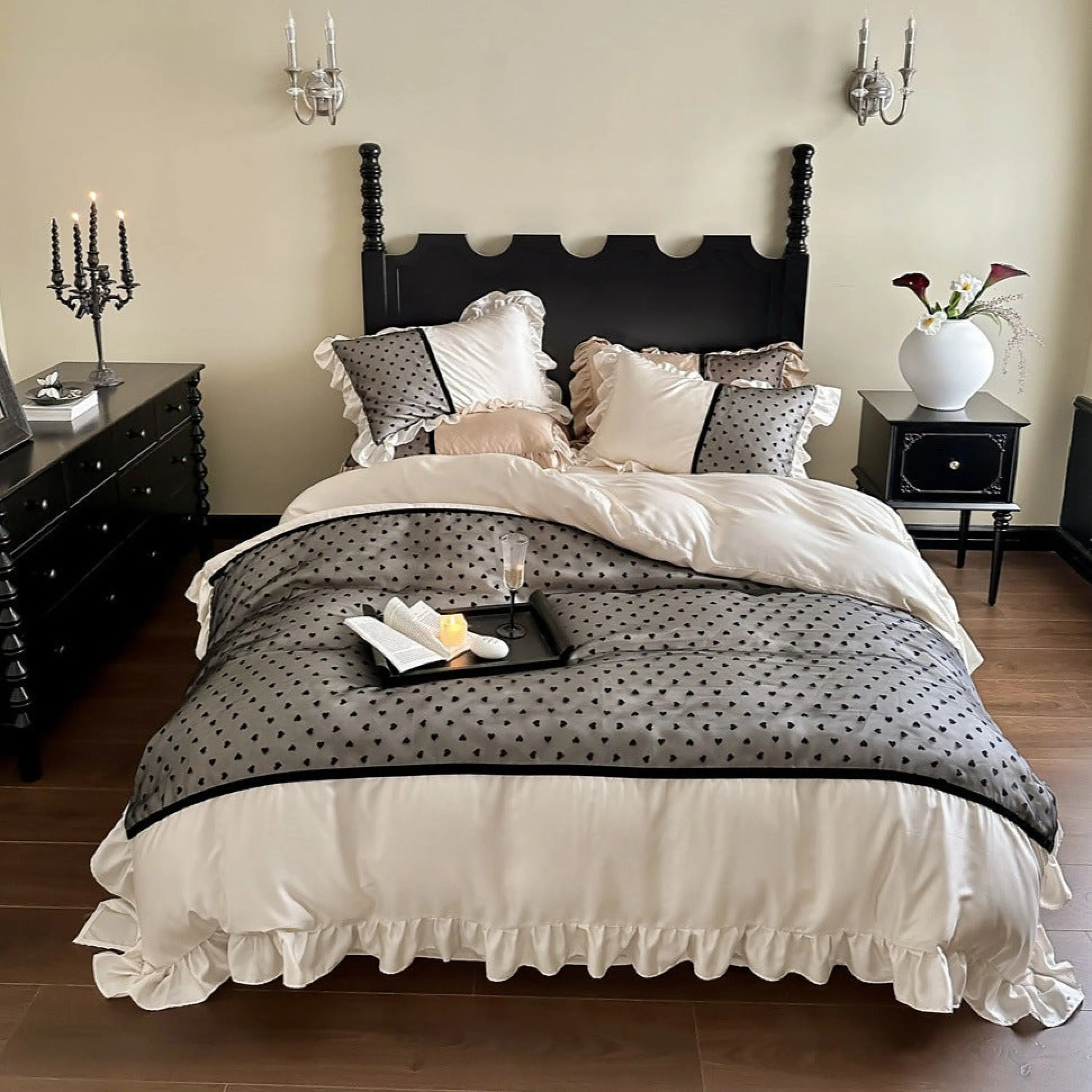 Black Lace Sweet Heart Ruffle Bedding Bundle