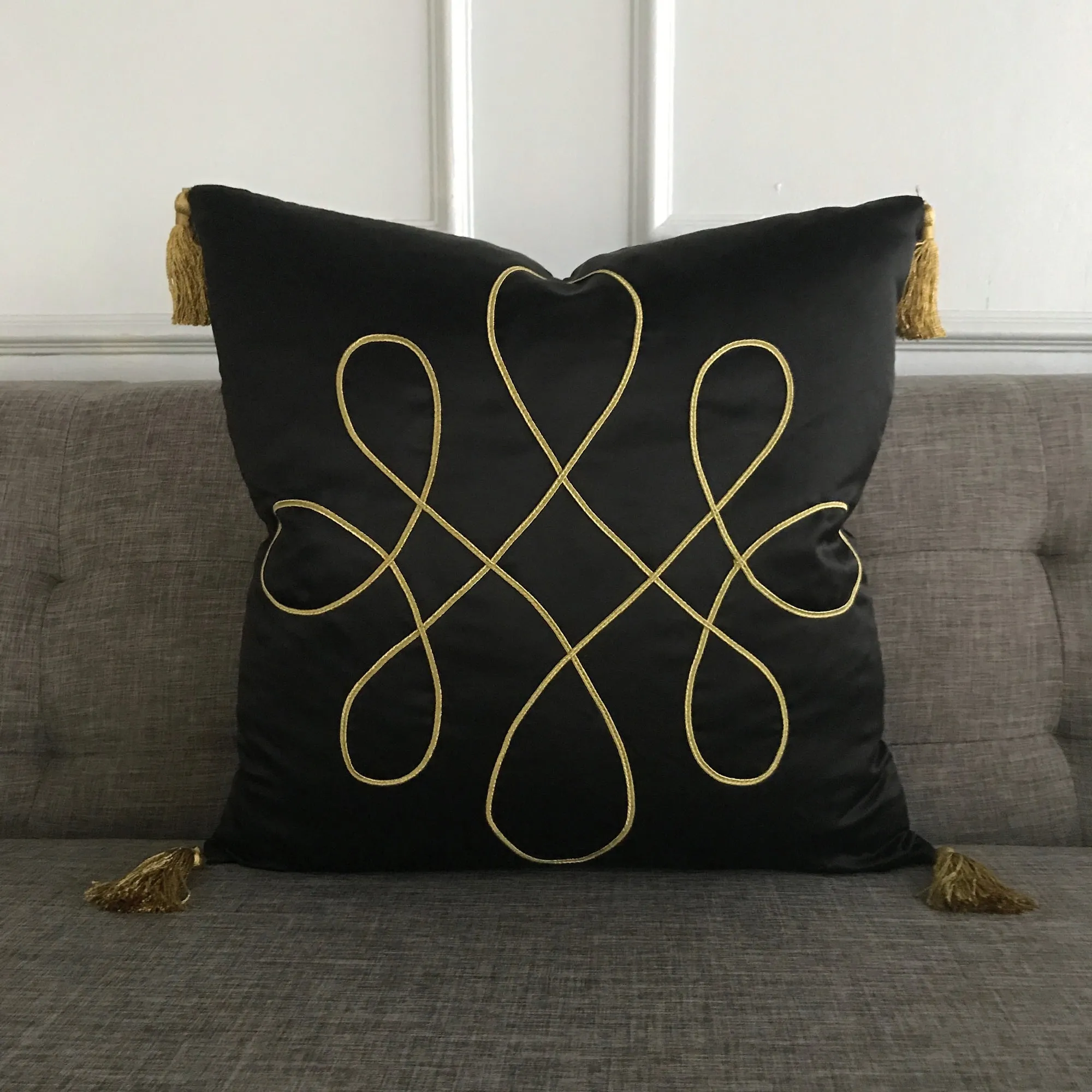 Black Silk Gold Tassel Geometric Throw Pillow Cover 20x20