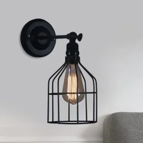 Black Vintage Birdcage Wall Lamp – Metallic Wall Mounted Light with 1 Bulb, Ideal for Coffee Shops