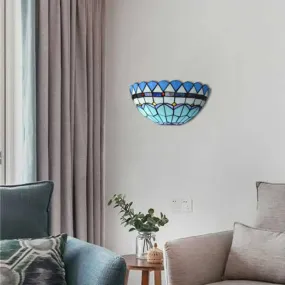 Blue Baroque Bowl Wall Mount Light: Stained Glass Sconce with/without Pull Chain