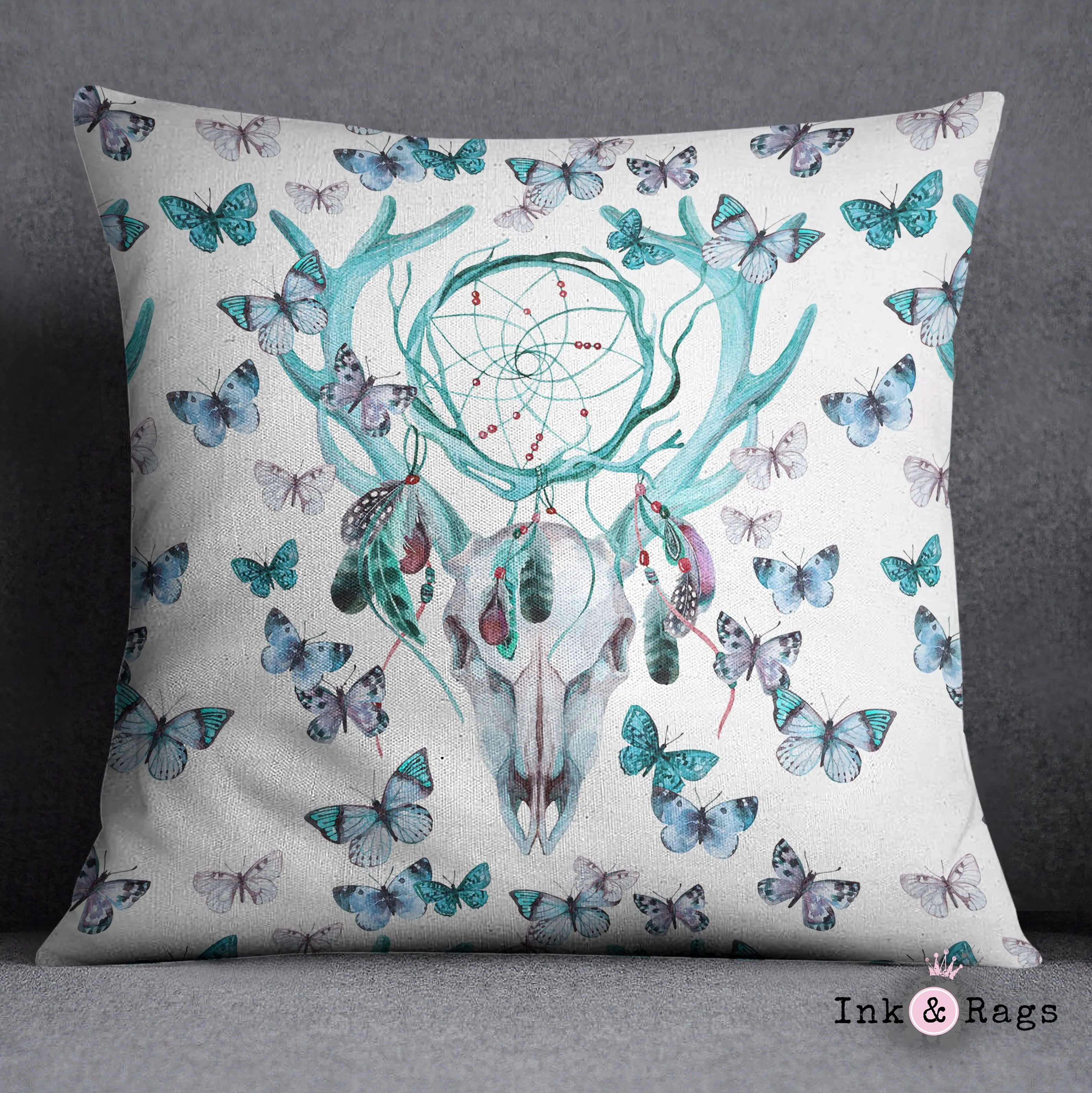 Blue Green Dreamcatcher Butterfly Buck Deer Skull Decorative Throw and Pillow Cover Set