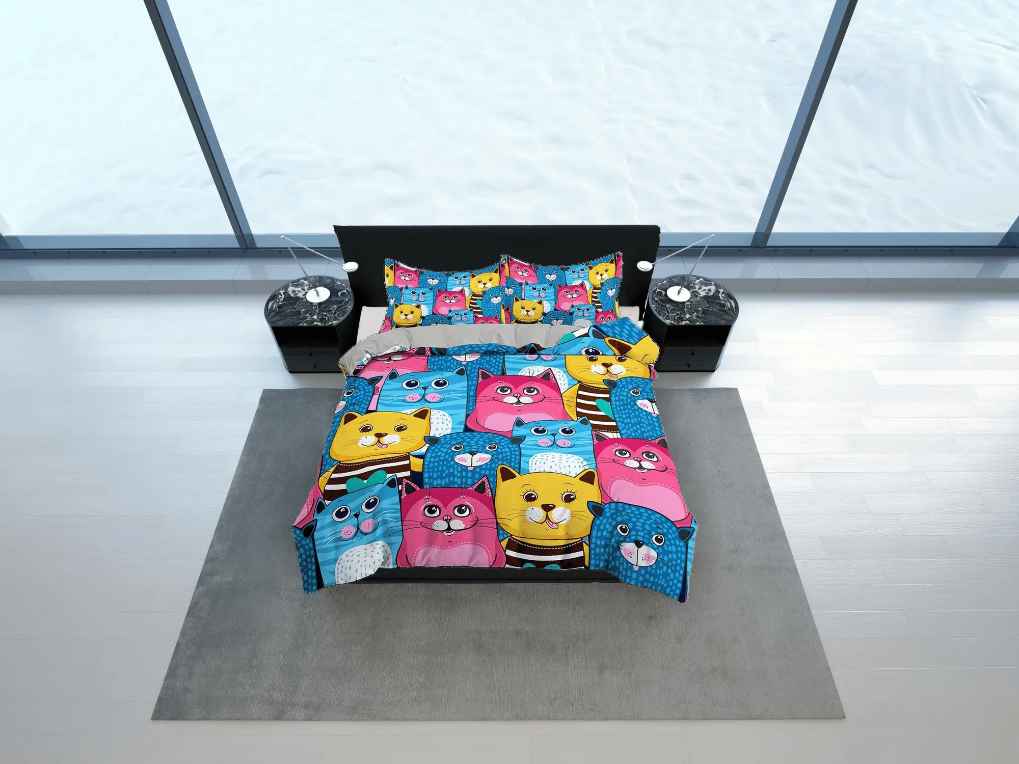 Blue, Pink and Yellow Cute Cats Kids Duvet Cover Set, Toddler Bedding, Kids Bedroom, Colorful Bedding, Duvet King Queen Full Twin Single