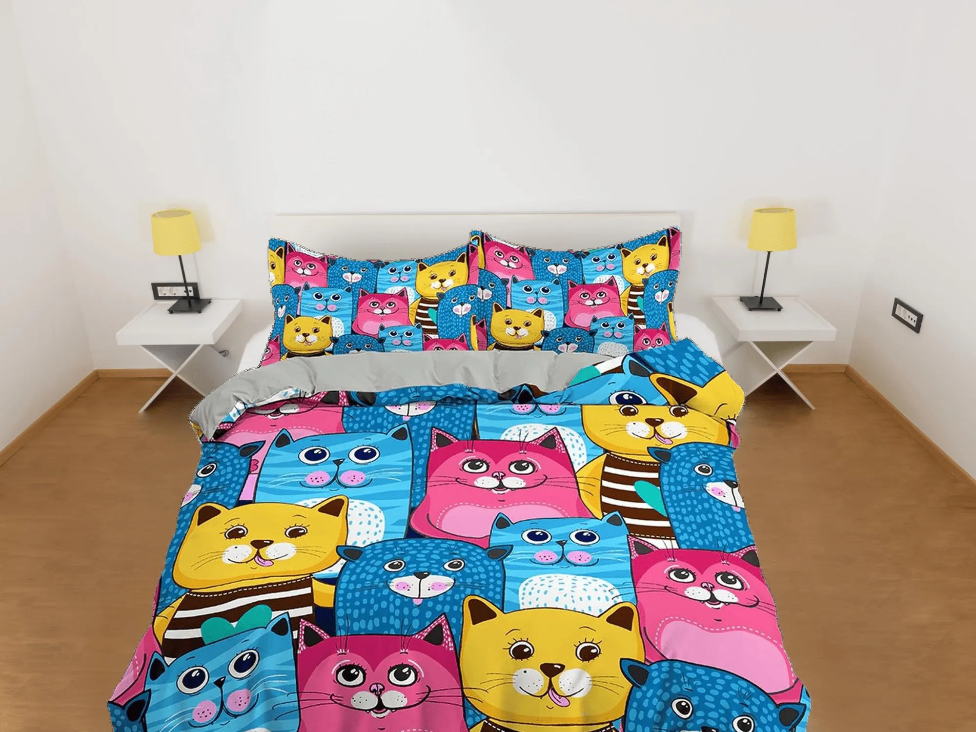 Blue, Pink and Yellow Cute Cats Kids Duvet Cover Set, Toddler Bedding, Kids Bedroom, Colorful Bedding, Duvet King Queen Full Twin Single