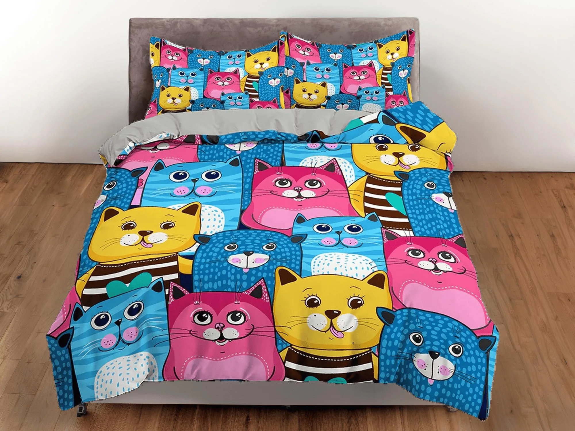 Blue, Pink and Yellow Cute Cats Kids Duvet Cover Set, Toddler Bedding, Kids Bedroom, Colorful Bedding, Duvet King Queen Full Twin Single