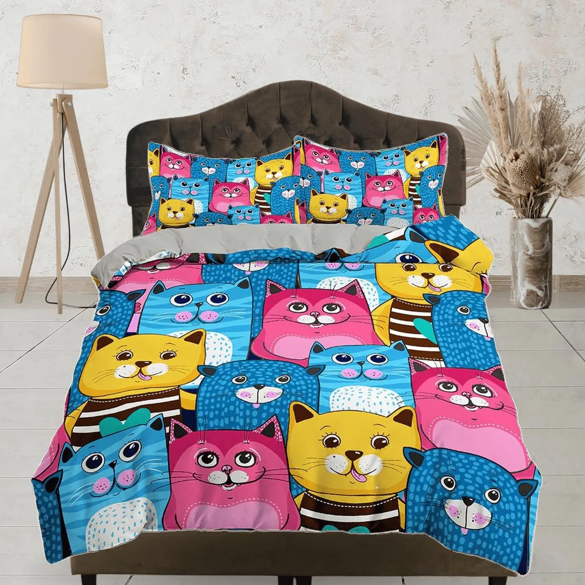 Blue, Pink and Yellow Cute Cats Kids Duvet Cover Set, Toddler Bedding, Kids Bedroom, Colorful Bedding, Duvet King Queen Full Twin Single