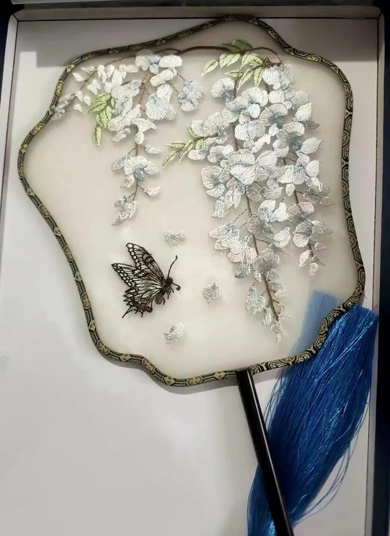 Bluedail Blooming Flowers with Butterfly Single Side Embroidered Handheld Fan Traditional Chinese Fashion