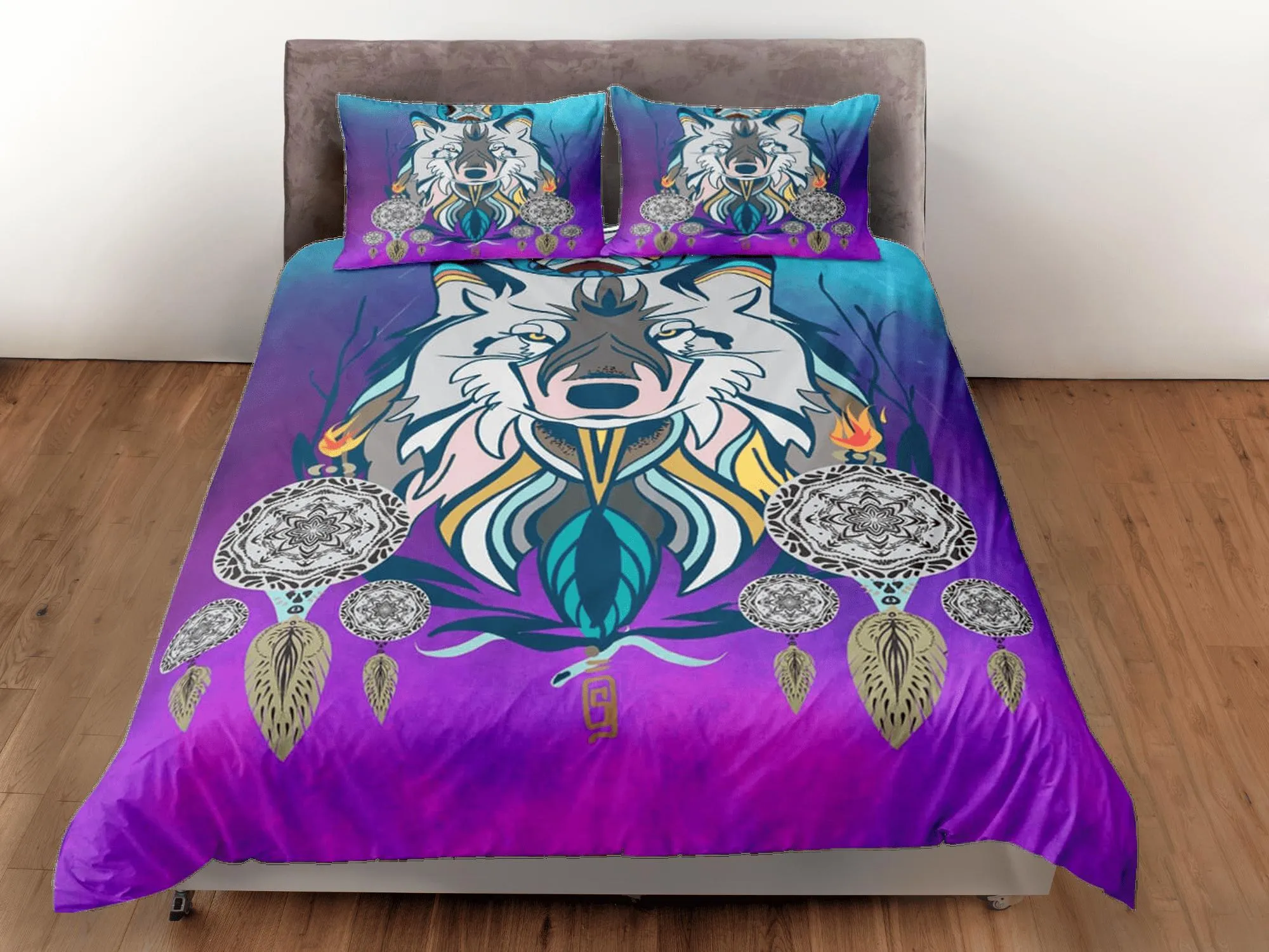 Boho fox dreamcatcher psychedelic duvet cover hippie bedding set full, preppy dorm bedding, indie room decor, aesthetic bedspread y2k