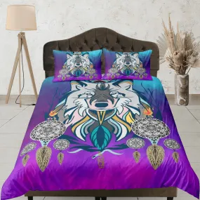 Boho fox dreamcatcher psychedelic duvet cover hippie bedding set full, preppy dorm bedding, indie room decor, aesthetic bedspread y2k