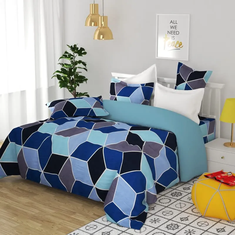 BSB HOME 120 TC Double 3D Printed Bedsheet with 2 Pillow Covers | 110 GSM Soft Brushed Microfiber - Breathable & Wrinkle Free - (86 X 88 Inch, Blue & Grey & Aqua)