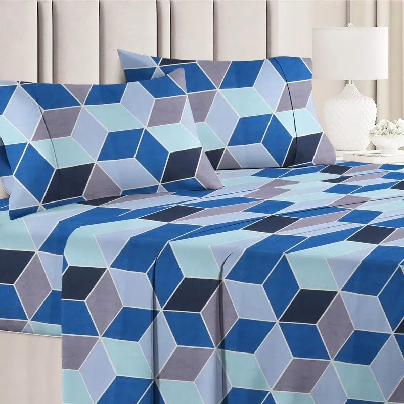 BSB HOME 120 TC Double 3D Printed Bedsheet with 2 Pillow Covers | 110 GSM Soft Brushed Microfiber - Breathable & Wrinkle Free - (86 X 88 Inch, Blue & Grey & Aqua)