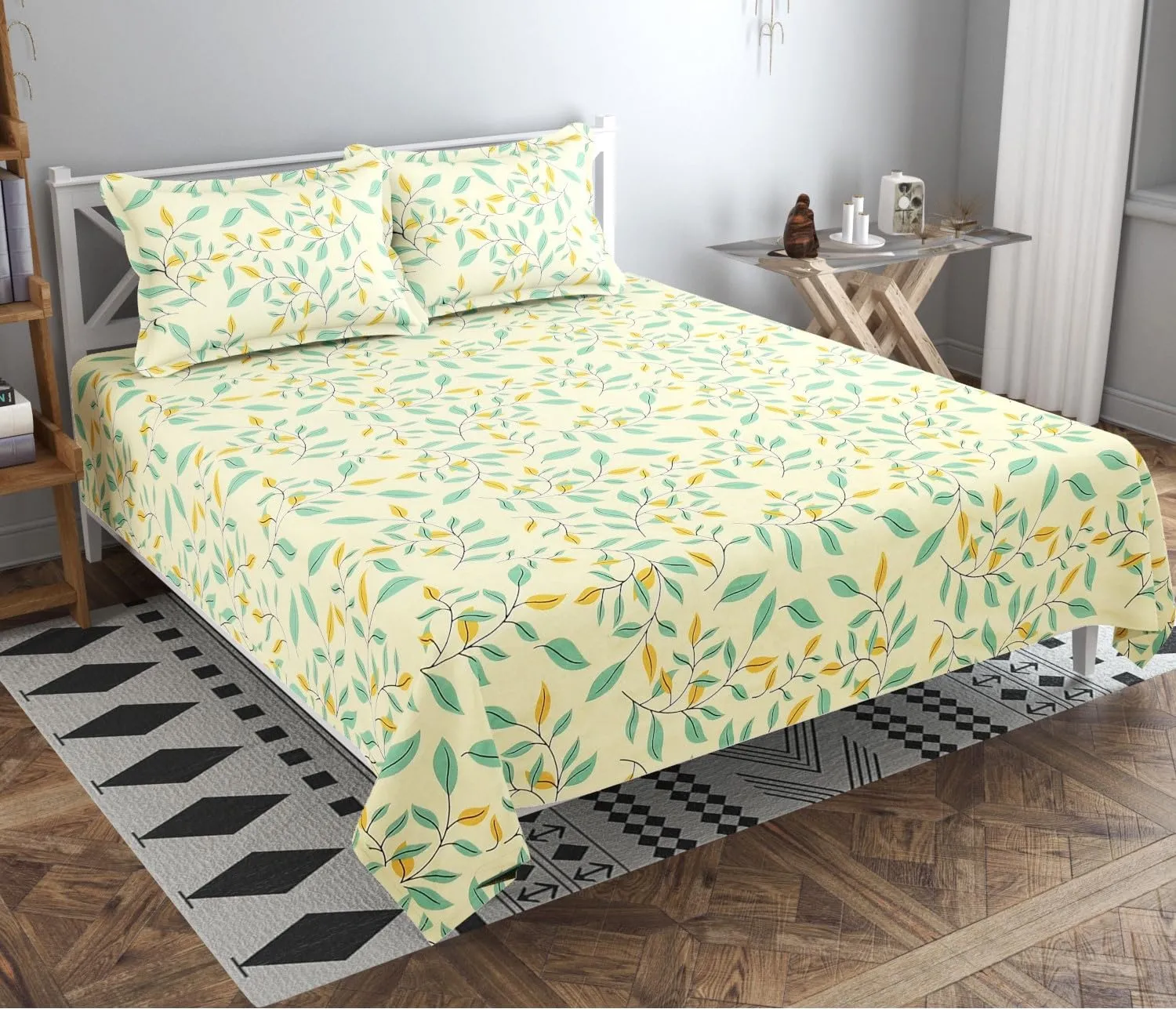 Bsb Home Premium Pure Cotton 220 Tc Flat Double Bed Bedsheets for Summer Breathable | Wrinklefree (Size-220 X 230 Cm) with 2 Pillow Covers (Size-18 X 28 Inches, Light Green) - Floral