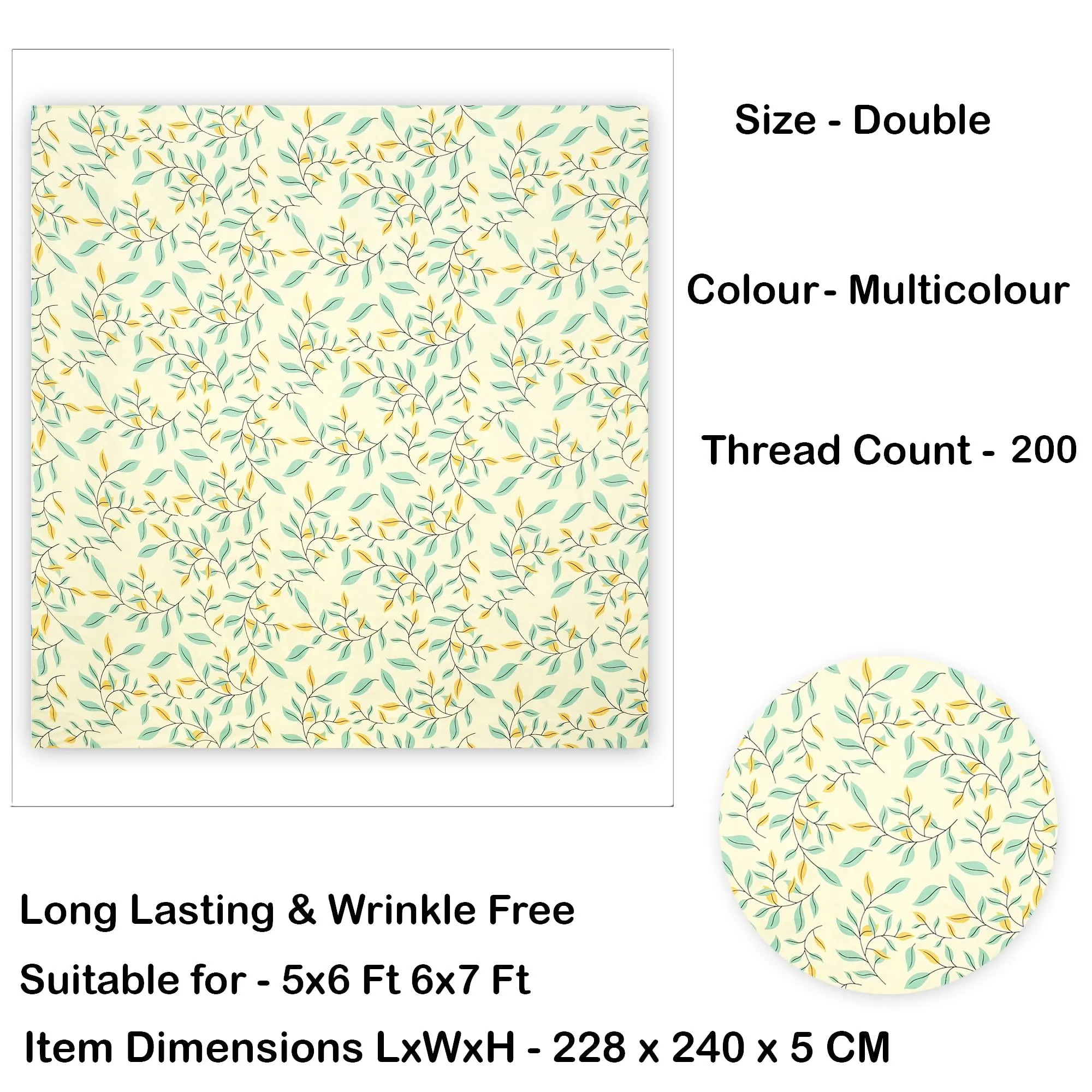 Bsb Home Premium Pure Cotton 220 Tc Flat Double Bed Bedsheets for Summer Breathable | Wrinklefree (Size-220 X 230 Cm) with 2 Pillow Covers (Size-18 X 28 Inches, Light Green) - Floral