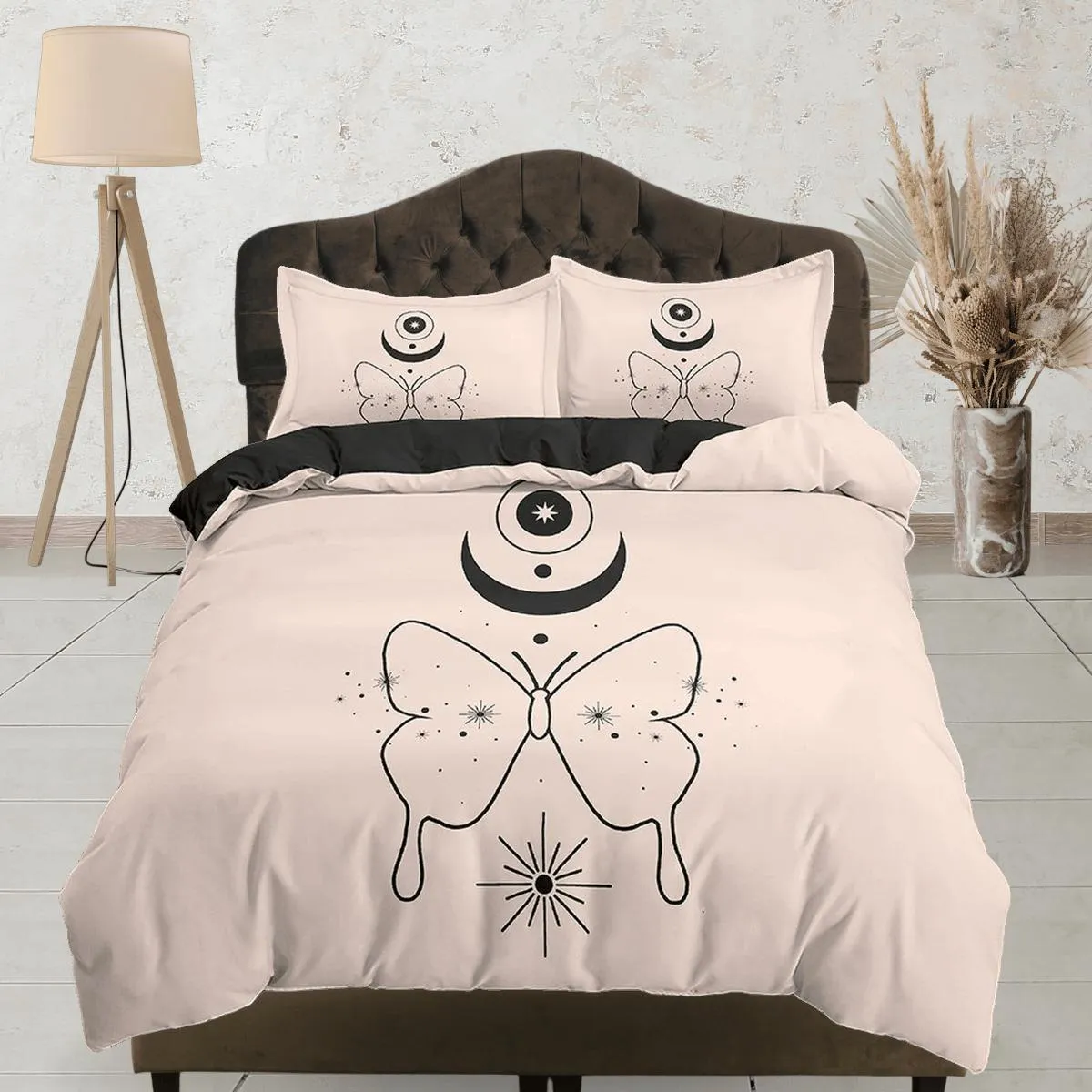 Butterfly Boho Beige Bedding Minimalist, Zodiac Gift Celestial Dorm Bedding, Astrology Duvet Cover Set, Aesthetic Duvet King Queen Full