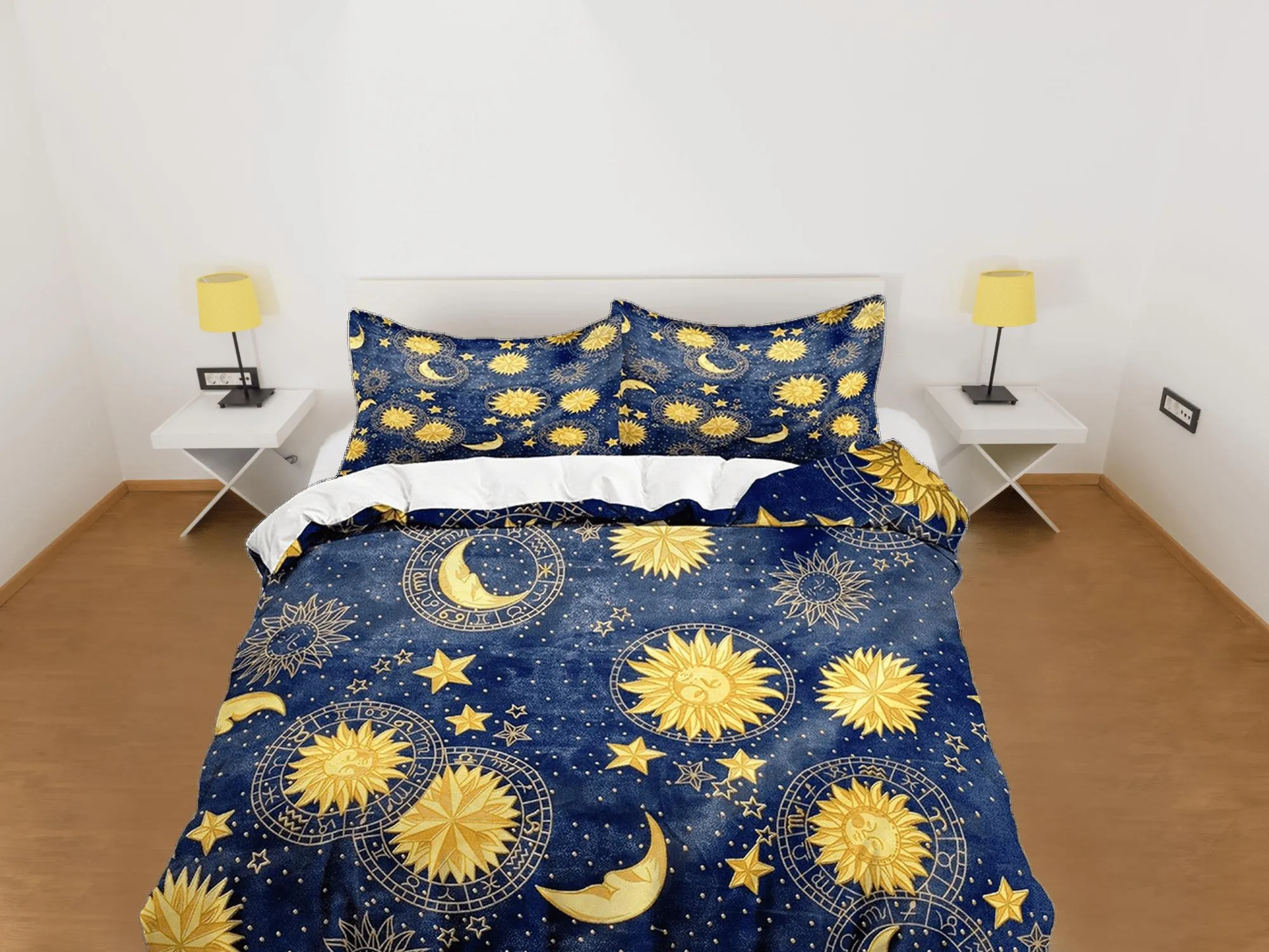 Celestial bedding blue sky sun and moon, witchy decor dorm bedding, aesthetic duvet cover, boho bedding set full king queen, astrology gifts