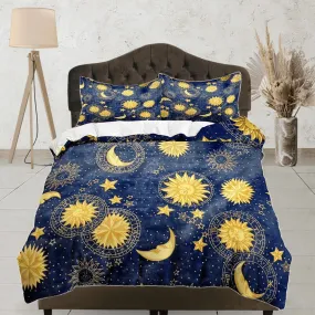 Celestial bedding blue sky sun and moon, witchy decor dorm bedding, aesthetic duvet cover, boho bedding set full king queen, astrology gifts