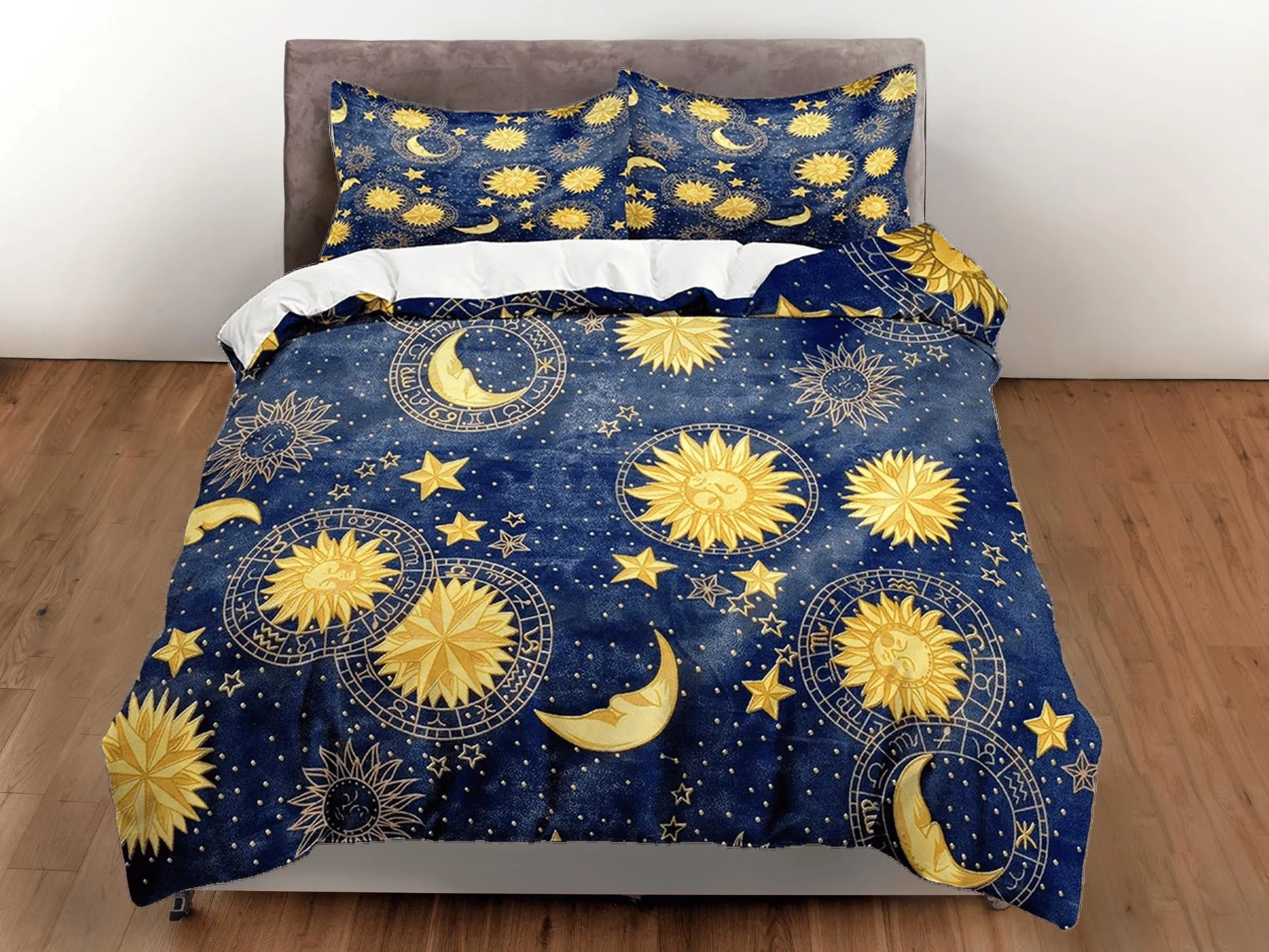 Celestial bedding blue sky sun and moon, witchy decor dorm bedding, aesthetic duvet cover, boho bedding set full king queen, astrology gifts