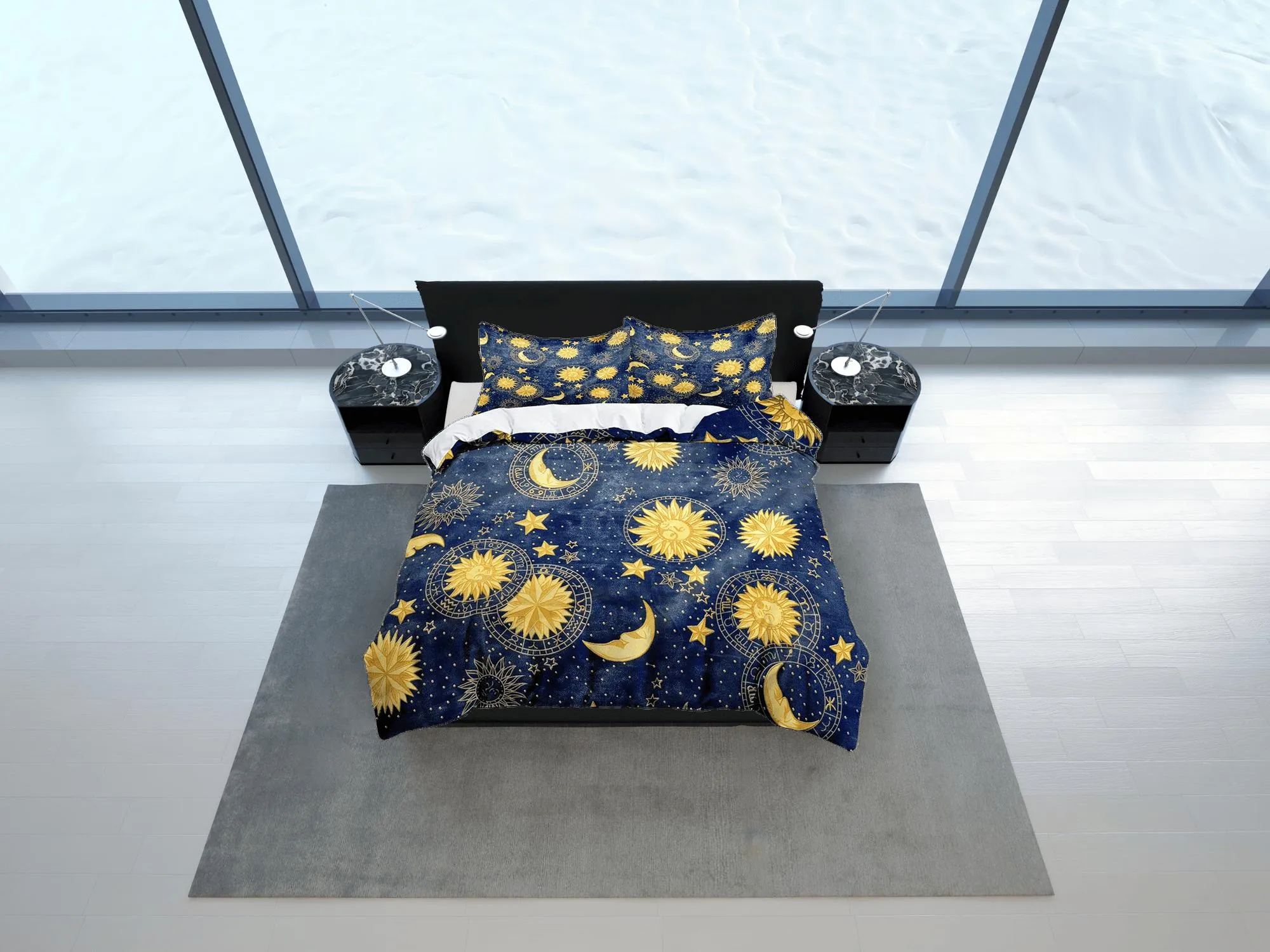 Celestial bedding blue sky sun and moon, witchy decor dorm bedding, aesthetic duvet cover, boho bedding set full king queen, astrology gifts